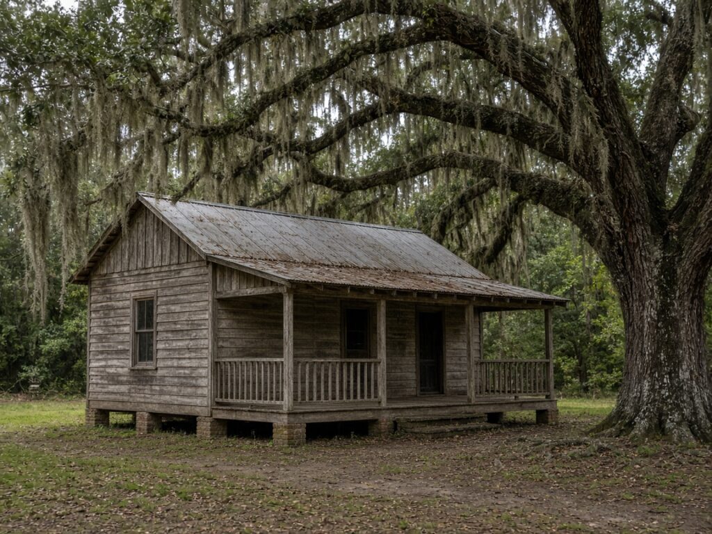 Weathered cypress cabin under a live oak