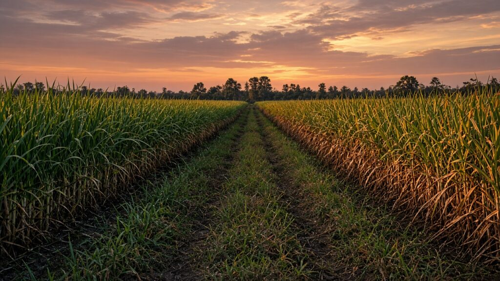 Sugarcane rows at dusk