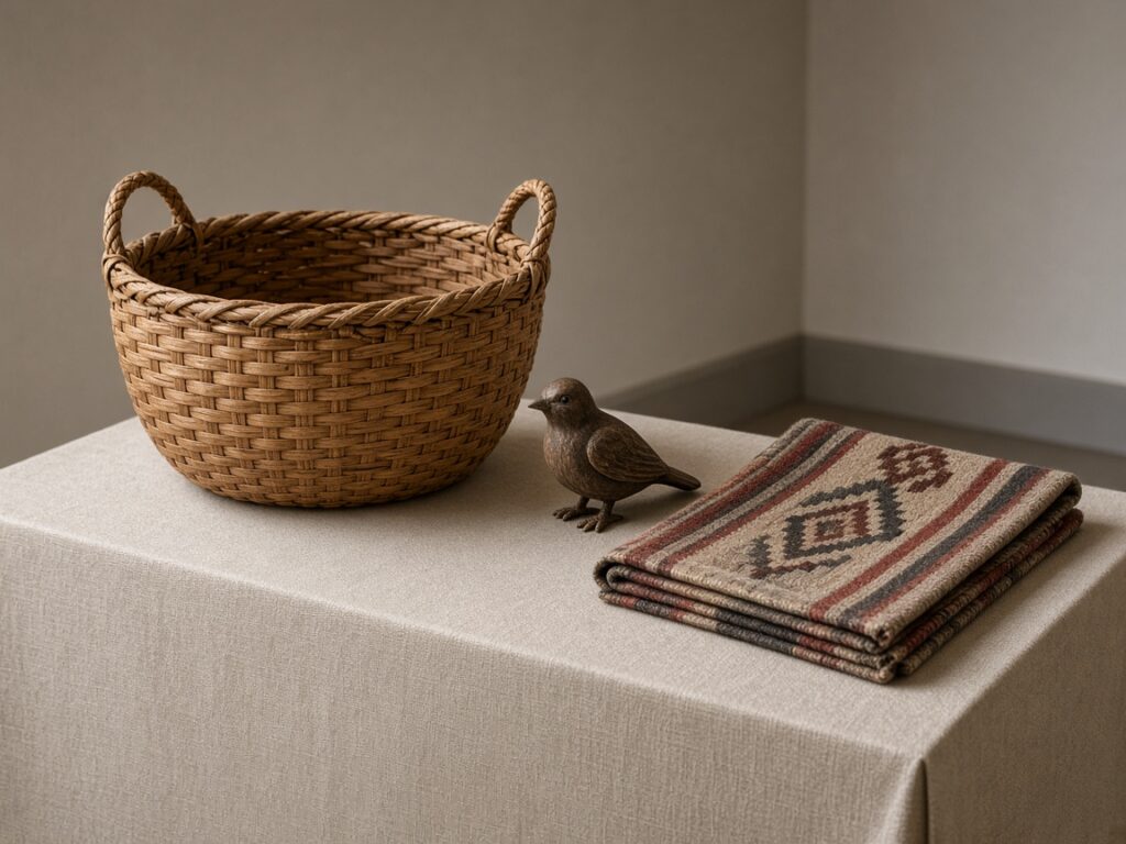 Woven basket and wood carving on a museum pedestal