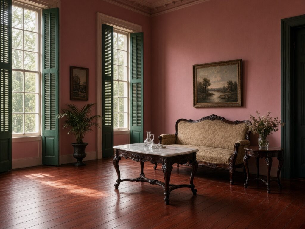 Victorian parlor with marble-top table and rose walls