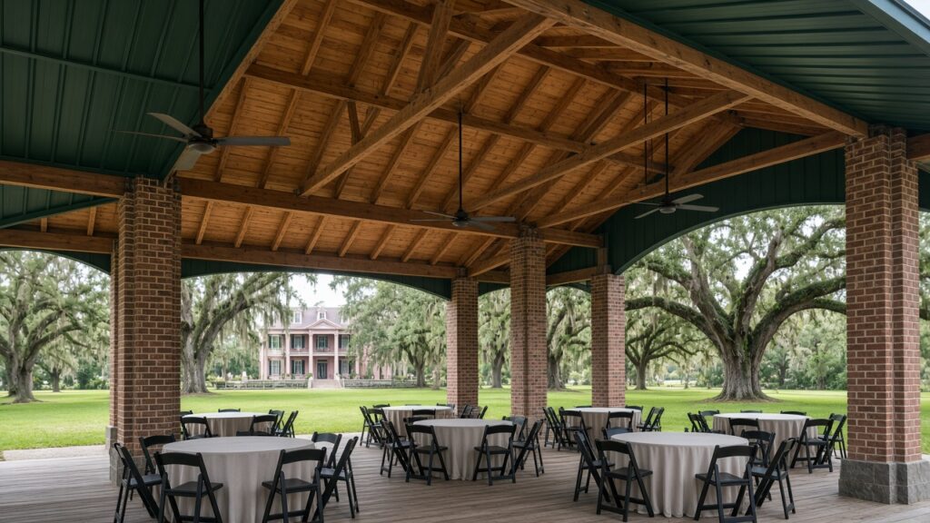 Open pavilion set with tables under oaks