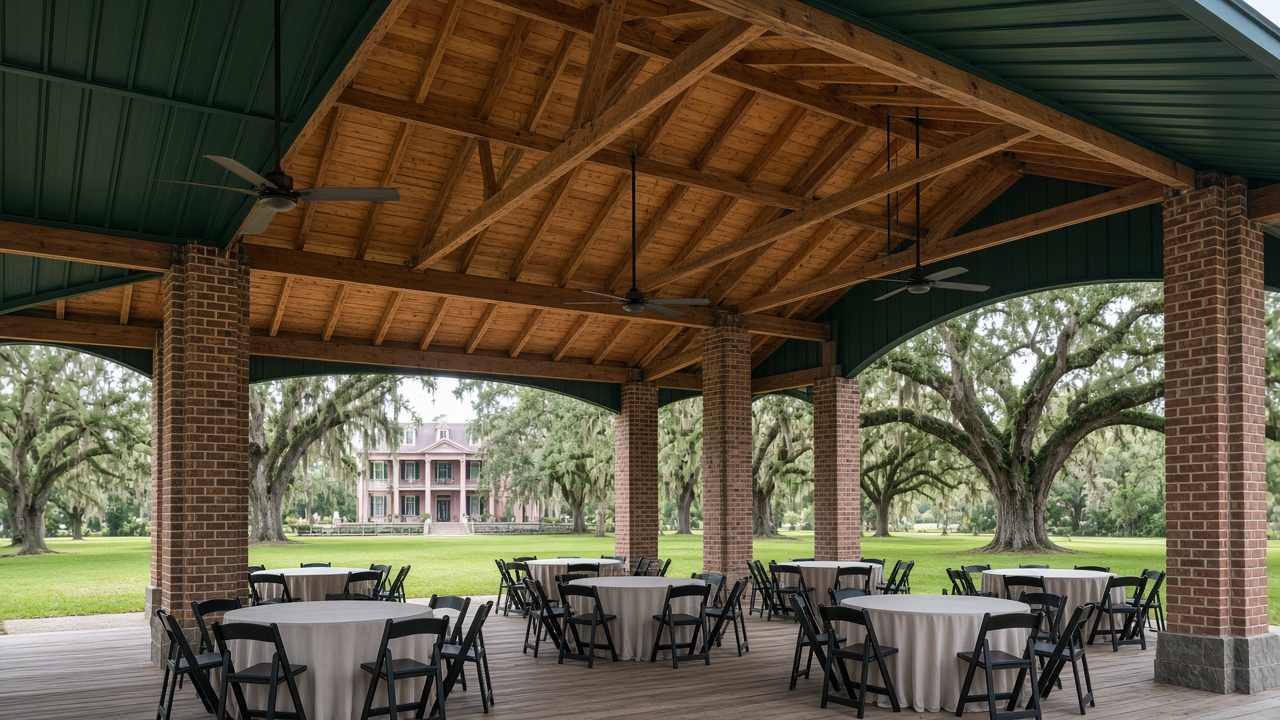 Open pavilion set with tables under oaks