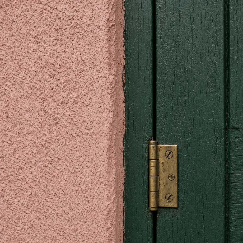 Close view of dusty rose stucco against a dark green shutter