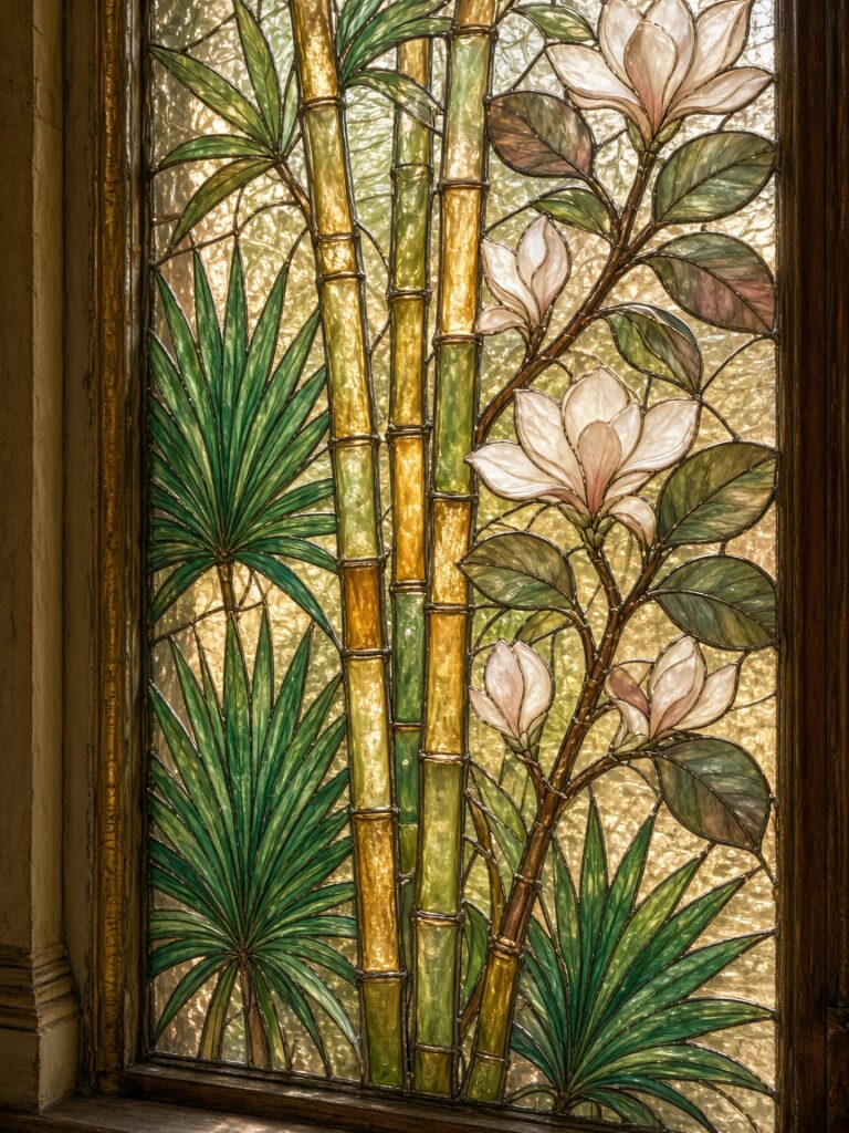 Leaded glass with magnolia blossoms